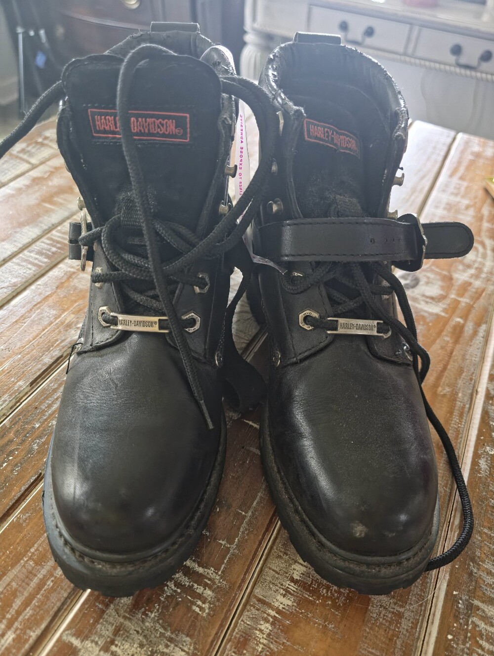 Harley-Davidson Black Leather Motorcycle Lace-Up Boots with Straps 8. Moto.